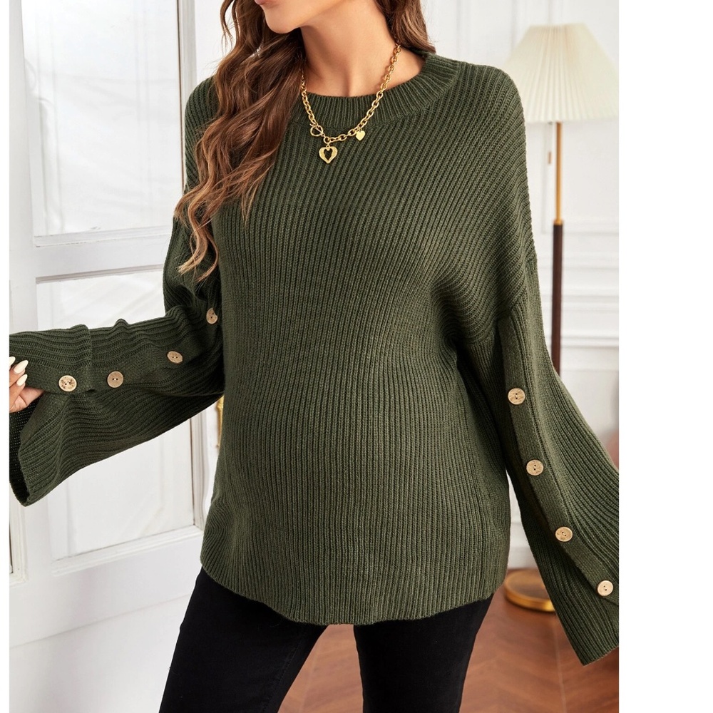 Maternity Green Knit Button Detail Sweater Top - Picture 5 of 7